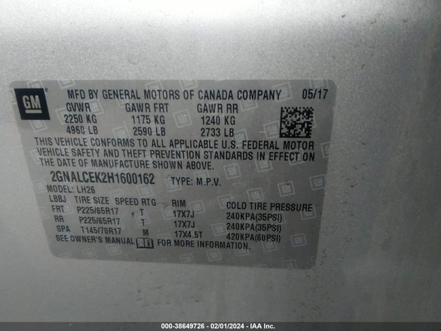 Chevrolet EQUINOX LT 2017 2GNALCEK2H1600162 Image 9