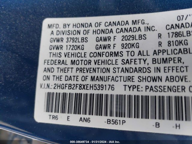 Honda CIVIC EX 2014 2HGFB2F8XEH539176 Image 9