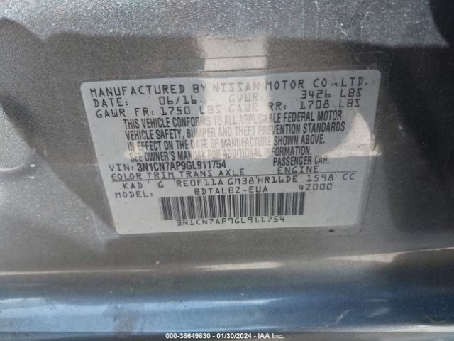 3N1CN7AP9GL911754 Nissan Versa 1.6 Sv