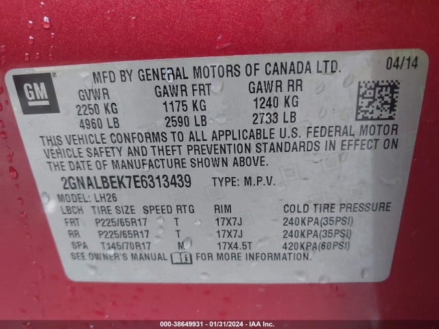 Chevrolet EQUINOX 1LT 2014 2GNALBEK7E6313439 Image 9