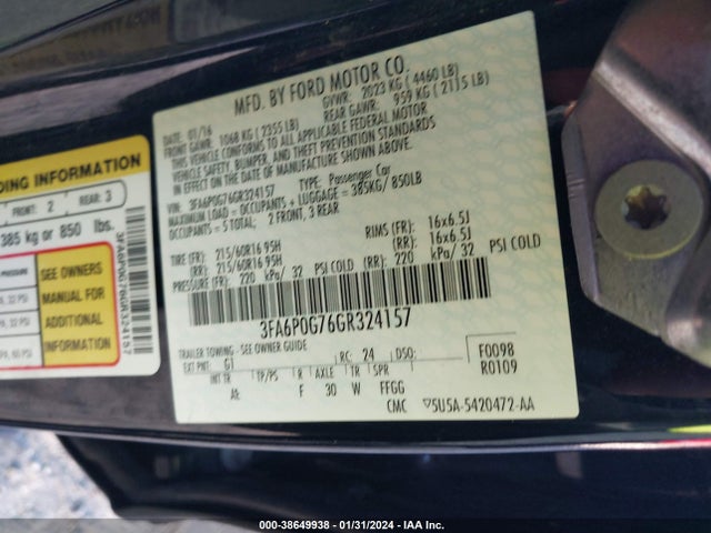 2016 FORD FUSION S VIN: 3FA6P0G76GR324157
