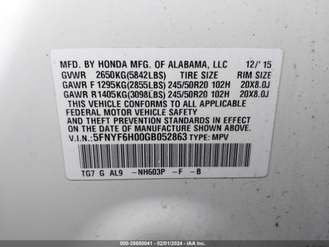 5FNYF6H00GB052863 Honda Pilot Elite