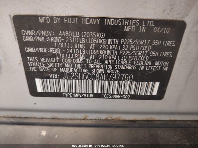 2010 SUBARU FORESTER 2.5X PREMIUM VIN: JF2SH6CC8AH797760