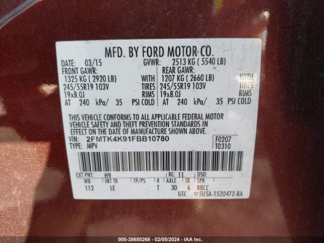 2FMTK4K91FBB10780 Ford Edge Titanium