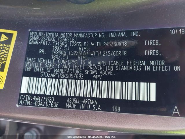 Toyota Highlander Le 2019 5TDZARFH2KS057693 Image 9