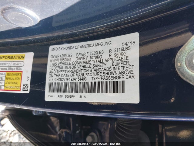 Honda ACCORD LX 2018 1HGCV1F19JA154403 Image 9