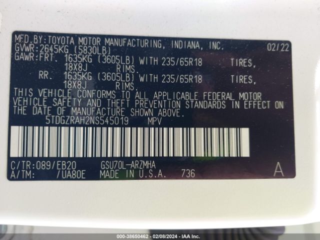5TDGZRAH2NS545019 Toyota Highlander Xle