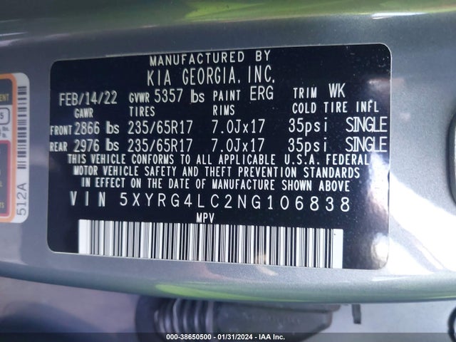 2022 KIA SORENTO LX VIN: 5XYRG4LC2NG106838