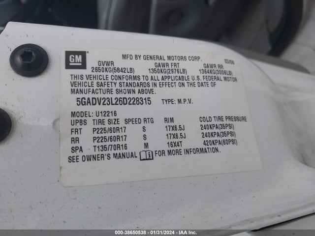 2006 BUICK TERRAZA CX VIN: 5GADV23L26D228315