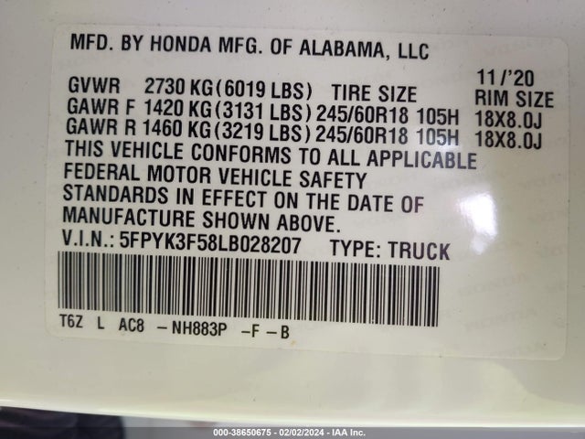 Honda Ridgeline Awd Rtl 2020 5FPYK3F58LB028207 Image 9