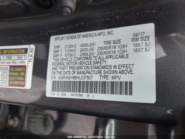5J6RW2H88HL037507 Honda Cr-v Ex-l/ex-l Navi