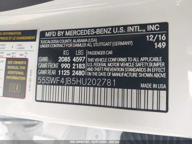 2017 MERCEDES-BENZ C 300 LUXURY/SPORT VIN: 55SWF4JB5HU202781