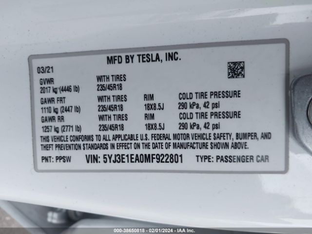 5YJ3E1EA0MF922801 Tesla Model 3 Standard Range Plus Rear-wheel Drive