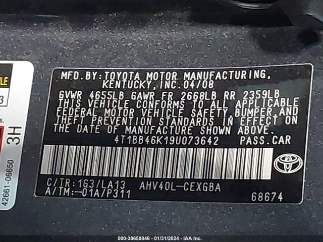 2009 TOYOTA CAMRY HYBRID VIN: 4T1BB46K19U073642