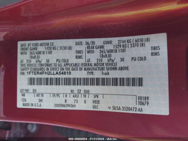 1FTER4FH2LLA54810 Ford Ranger Lariat