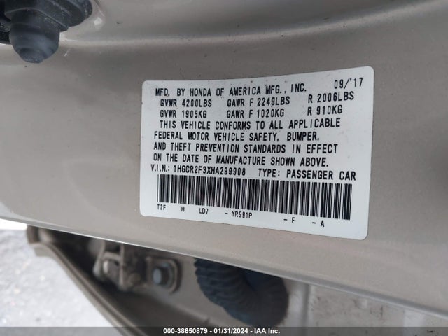 Honda ACCORD LX 2017 1HGCR2F3XHA299908 Image 9