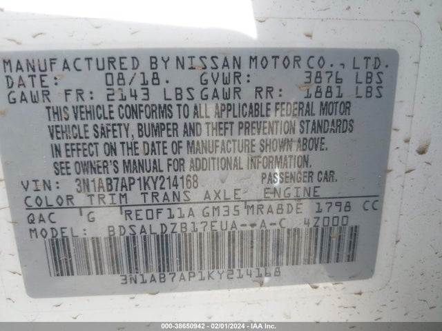 Nissan SENTRA SV 2019 3N1AB7AP1KY214168 Image 9