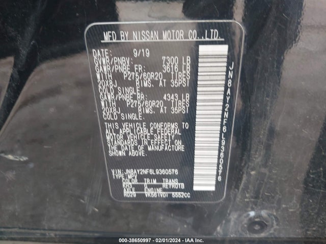 Nissan Armada Platinum 2wd 2020 JN8AY2NF6L9360576 Image 9