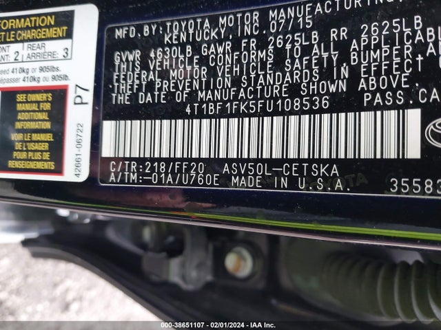 Toyota CAMRY SE 2015 4T1BF1FK5FU108536 Image 9