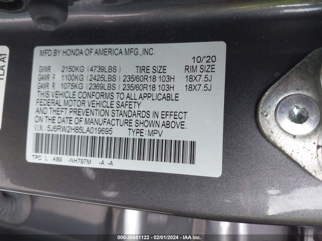 Honda Cr-v Awd Ex-l 2020 5J6RW2H85LA019695 Image 9