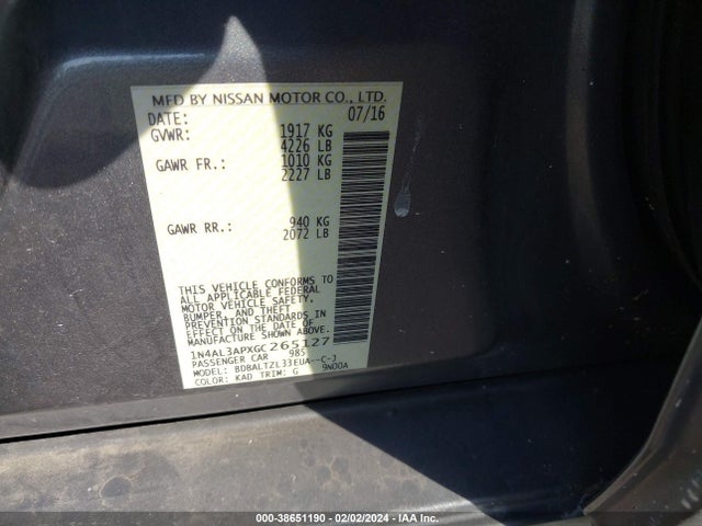 2016 NISSAN ALTIMA 2.5 SL VIN: 1N4AL3APXGC265127