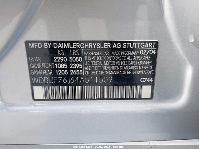 2004 MERCEDES-BENZ E 55 AMG VIN: WDBUF76J64A511509