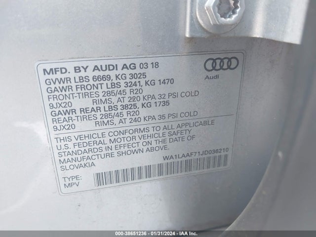 2018 AUDI Q7 3.0T PREMIUM VIN: WA1LAAF71JD036210