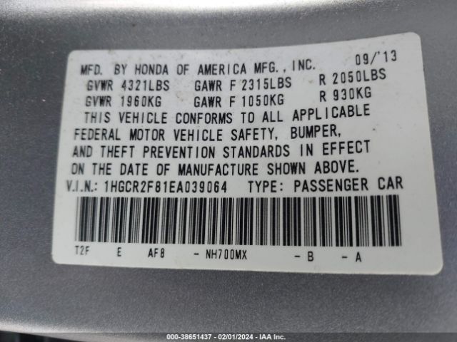 1HGCR2F81EA039064 Honda Accord Ex-l