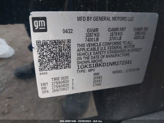 1GKS1BKD1NR272341 GMC Yukon 2wd Slt