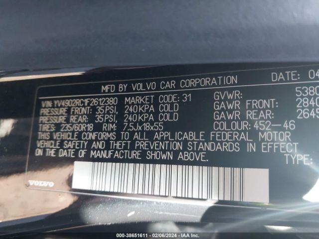 YV4902RC1F2612380 Volvo Xc60 T6 Premier Plus