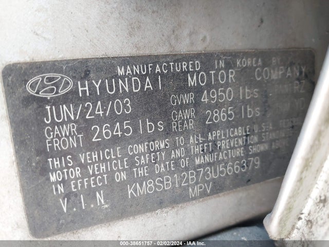 2003 HYUNDAI SANTA FE BASE (A4)/BASE (M5) VIN: KM8SB12B73U566379