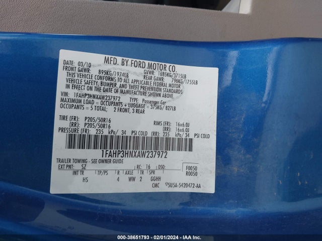 2010 FORD FOCUS SEL VIN: 1FAHP3HNXAW237972