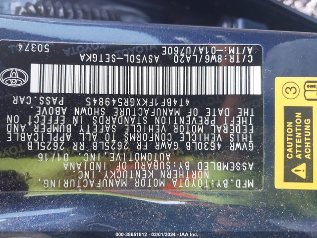 Toyota CAMRY XLE 2016 4T4BF1FKXGR549845 Image 9