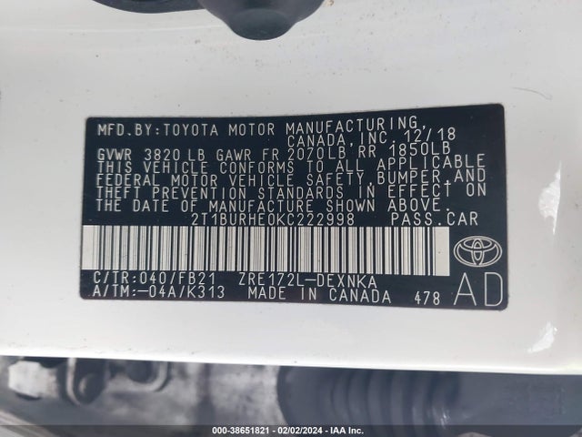 Toyota COROLLA LE 2019 2T1BURHE0KC222998 Image 9