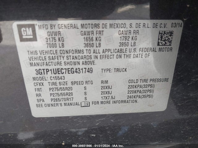 2014 GMC SIERRA 1500 SLE VIN: 3GTP1UEC7EG431749