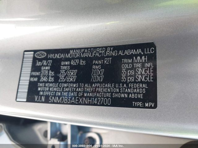 5NMJB3AEXNH142700 Hyundai TUCSON SEL