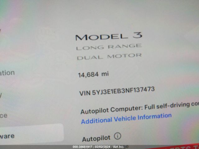 5YJ3E1EB3NF137473 Tesla Model 3 Long Range Dual Motor All-wheel Drive