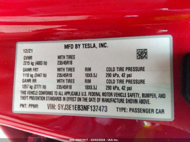 5YJ3E1EB3NF137473 Tesla Model 3 Long Range Dual Motor All-wheel Drive