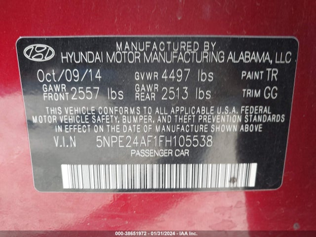 Hyundai SONATA SE 2015 5NPE24AF1FH105538 Image 9