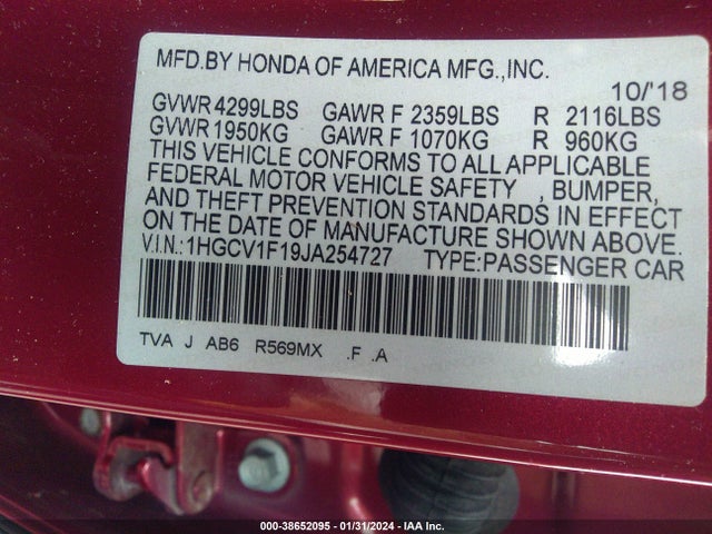 Honda ACCORD LX 2018 1HGCV1F19JA254727 Image 9