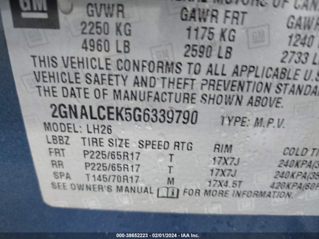 2016 CHEVROLET EQUINOX LT VIN: 2GNALCEK5G6339790