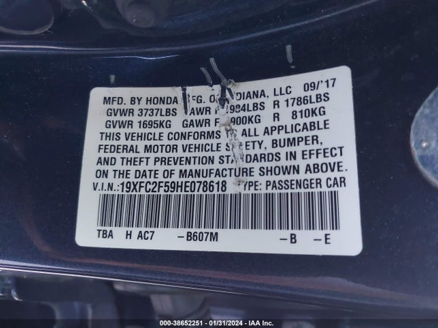 2017 HONDA CIVIC LX VIN: 19XFC2F59HE078618
