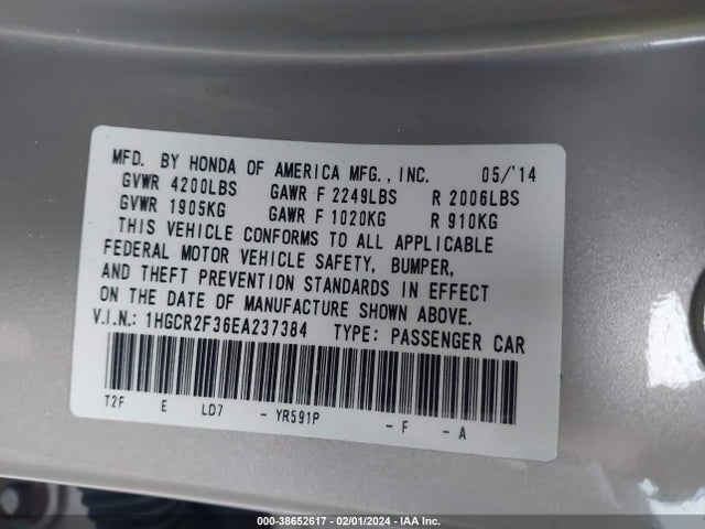 Honda ACCORD LX 2014 1HGCR2F36EA237384 Image 9