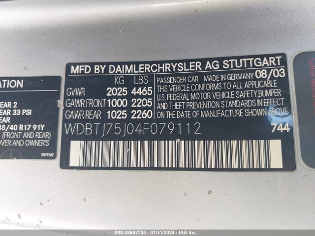 2004 MERCEDES-BENZ CLK 500 VIN: WDBTJ75J04F079112
