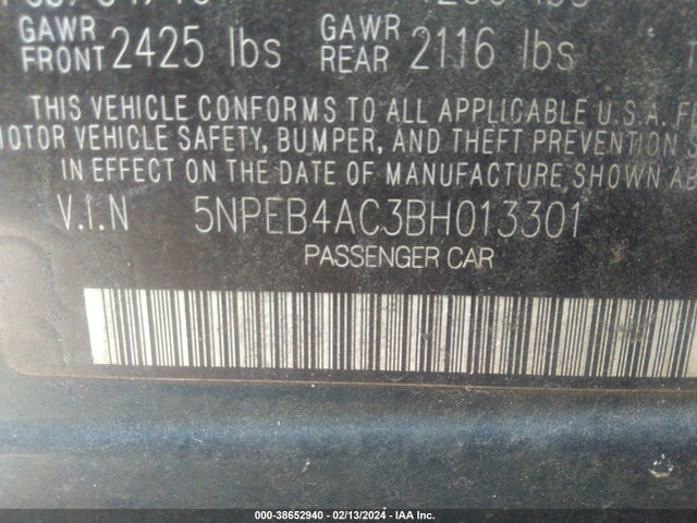 2011 HYUNDAI SONATA GLS VIN: 5NPEB4AC3BH013301