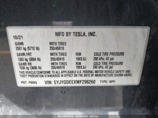 5YJYGDEEXMF296260 Tesla Model Y Long Range Dual Motor All-wheel Drive