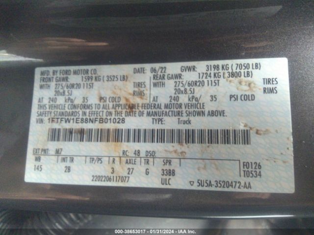 1FTFW1E88NFB01028 Ford F-150 Lariat