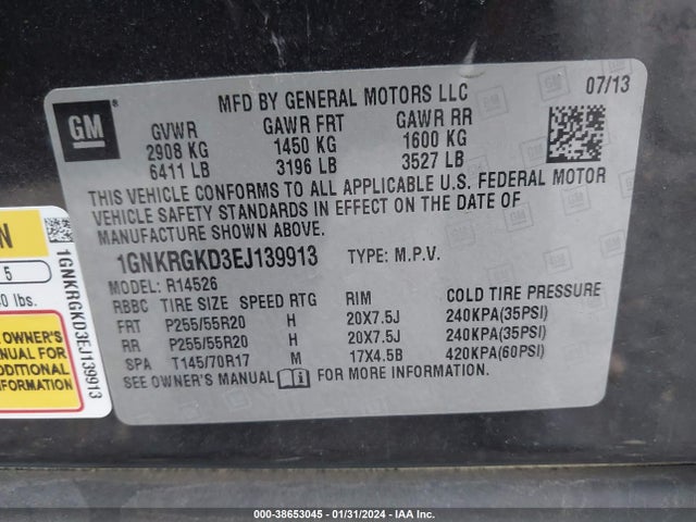 Chevrolet Traverse 1lt 2014 1GNKRGKD3EJ139913 Image 9
