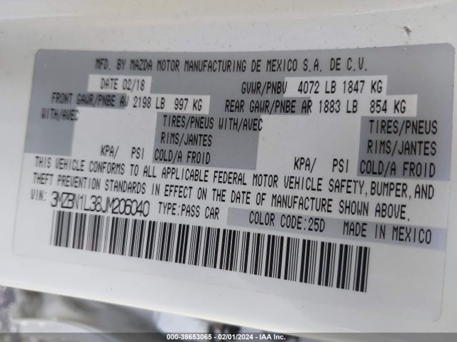 3MZBN1L38JM206040 Mazda Mazda3 Touring