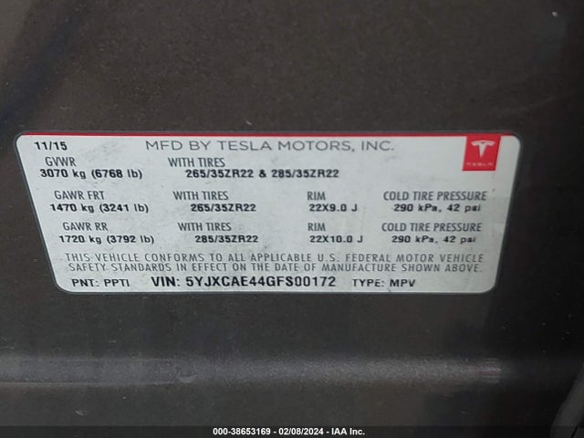 Tesla Model X 60d/p100d/p90d 2016 5YJXCAE44GFS00172 Image 9